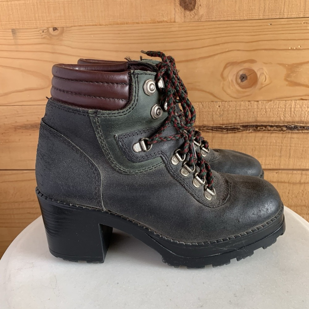VTG Pierre Canada Block Heel Boots Chunky‎ Grunge Women's 8 Leather Grey Lace Up
